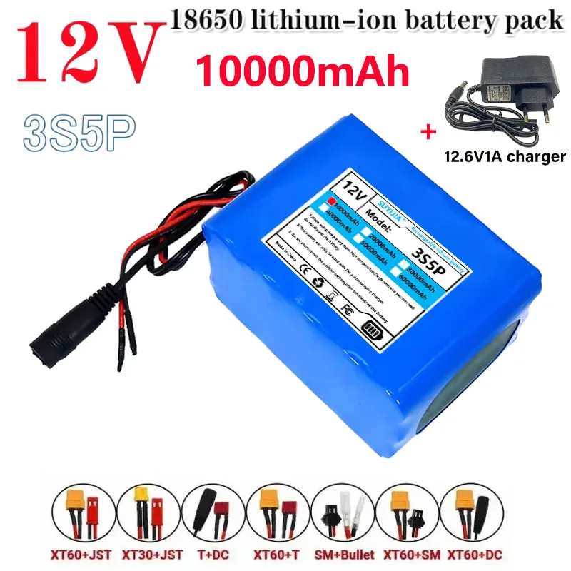 Batterie Au Lithium 12V 10Ah 18650 Batterie Rechargeable 3S5P Avec Chargeur BMS  Pour Vélo De Pêche Batterie De Grande Capacité