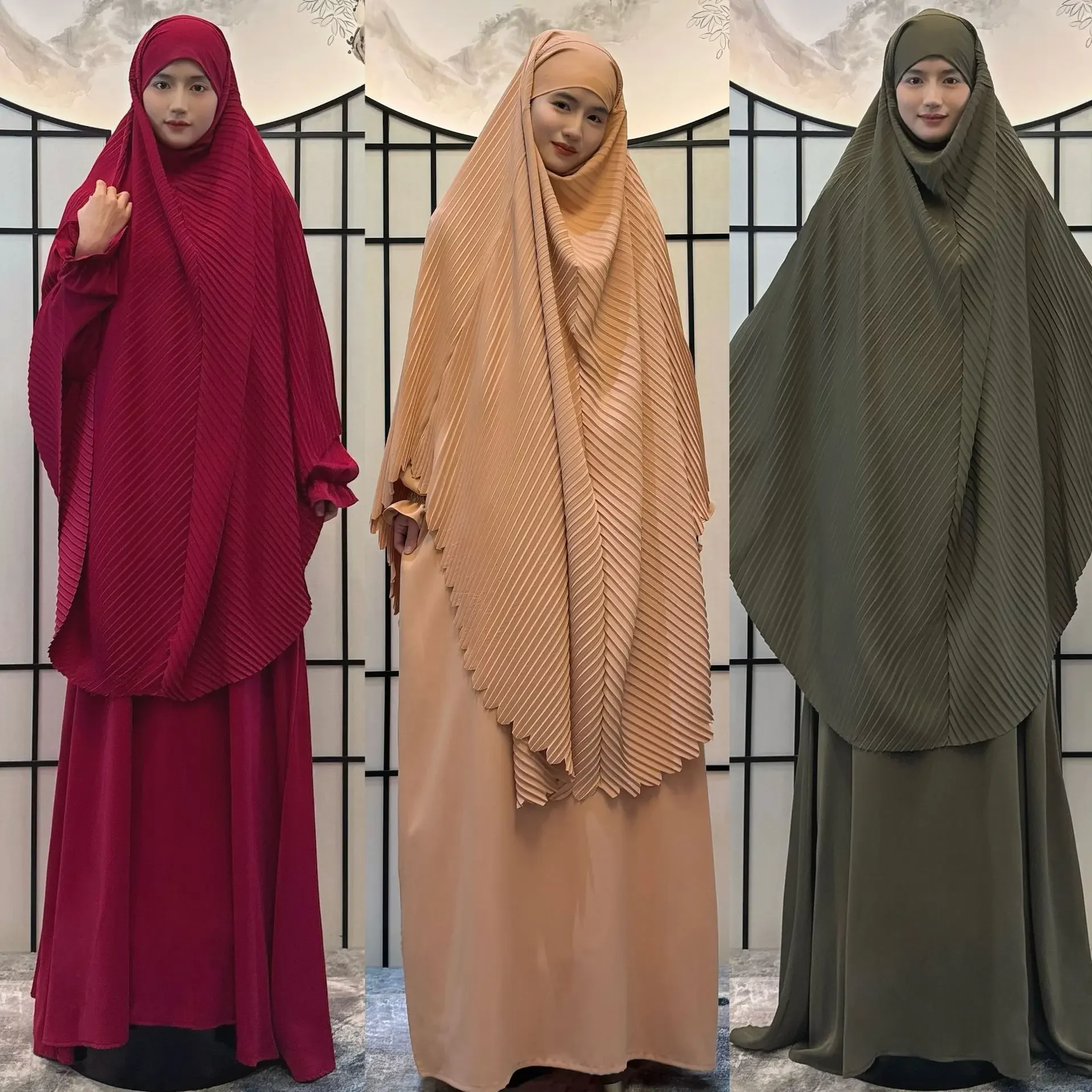 Caftán marroquí musulmán para mujer, Vestidos de oración de Dubái, bata larga de Ramadán, Hijab Abaya, pañuelo en la cabeza, Jalabiya Abayas, conjunto de 2 piezas