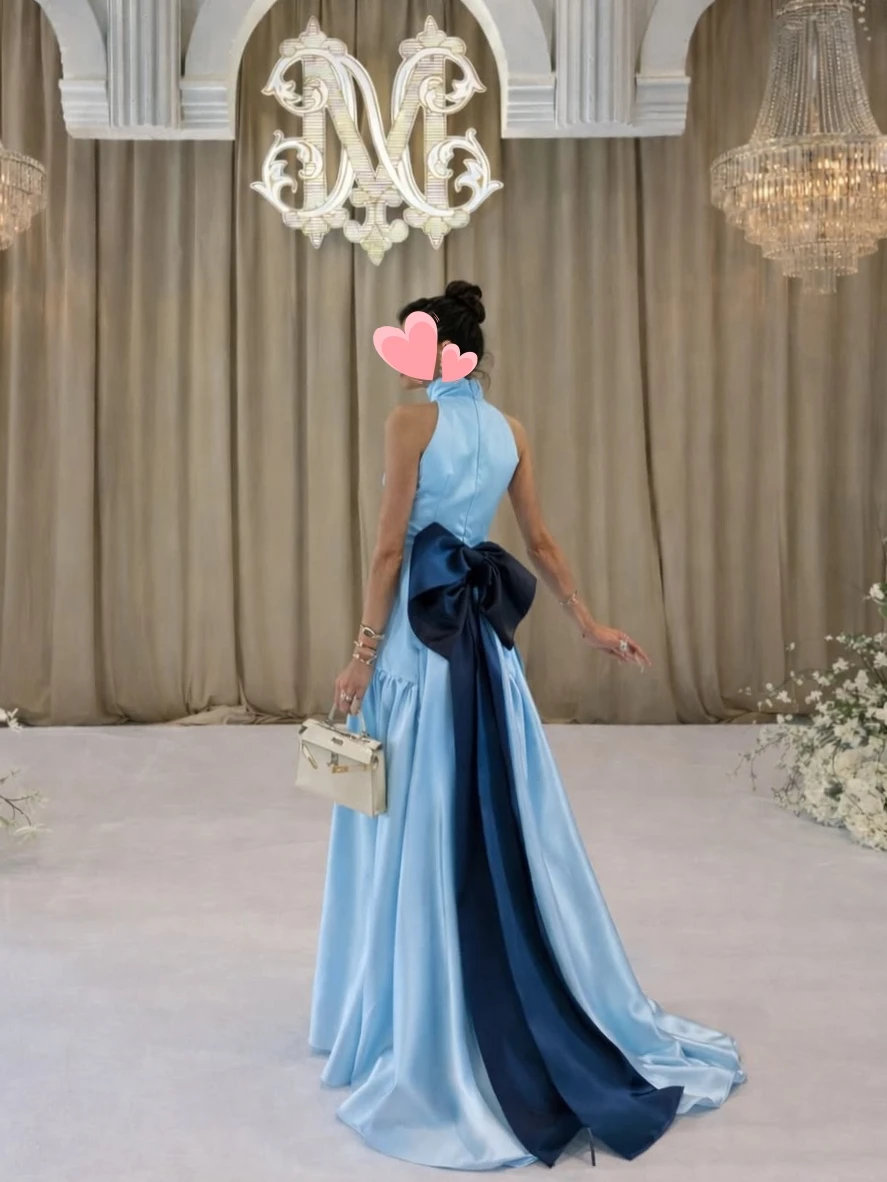 

Other Shore Elegant Vintage Simple Blue Satin Bow A-Line New Customize Formal Occasion Prom Dress Evening Party Gownso