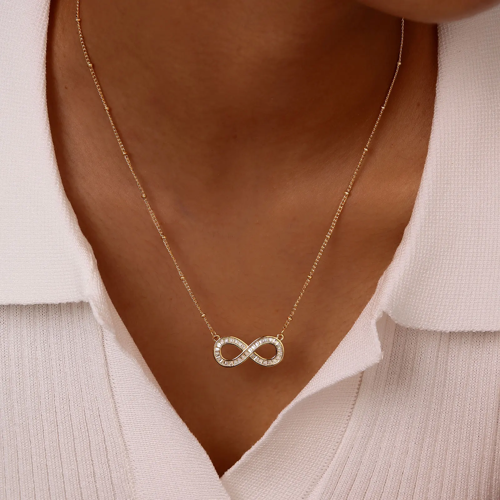 14k Gold Plated Stainless Steel Button Bead Chain Copper Zircon Infinity Necklace,Fashion Love You Forever Pendant Necklace