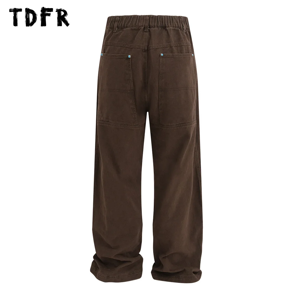 Retro Spliced Cargo Pants Mens Pocket Solid Color Casual Streetwear Loose Straight Wide Leg Trousers Men