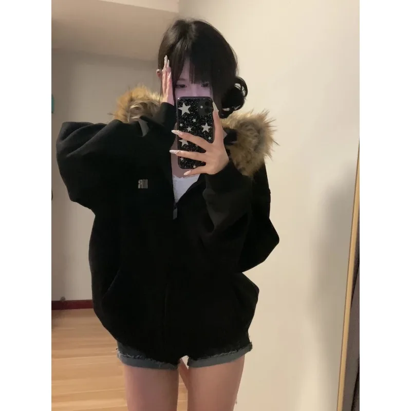 American Vintage Harajuku Letter Print Hoodeds Autumn Winter New Street Ins Style Black Coat Oversized Women's Casual Outwear