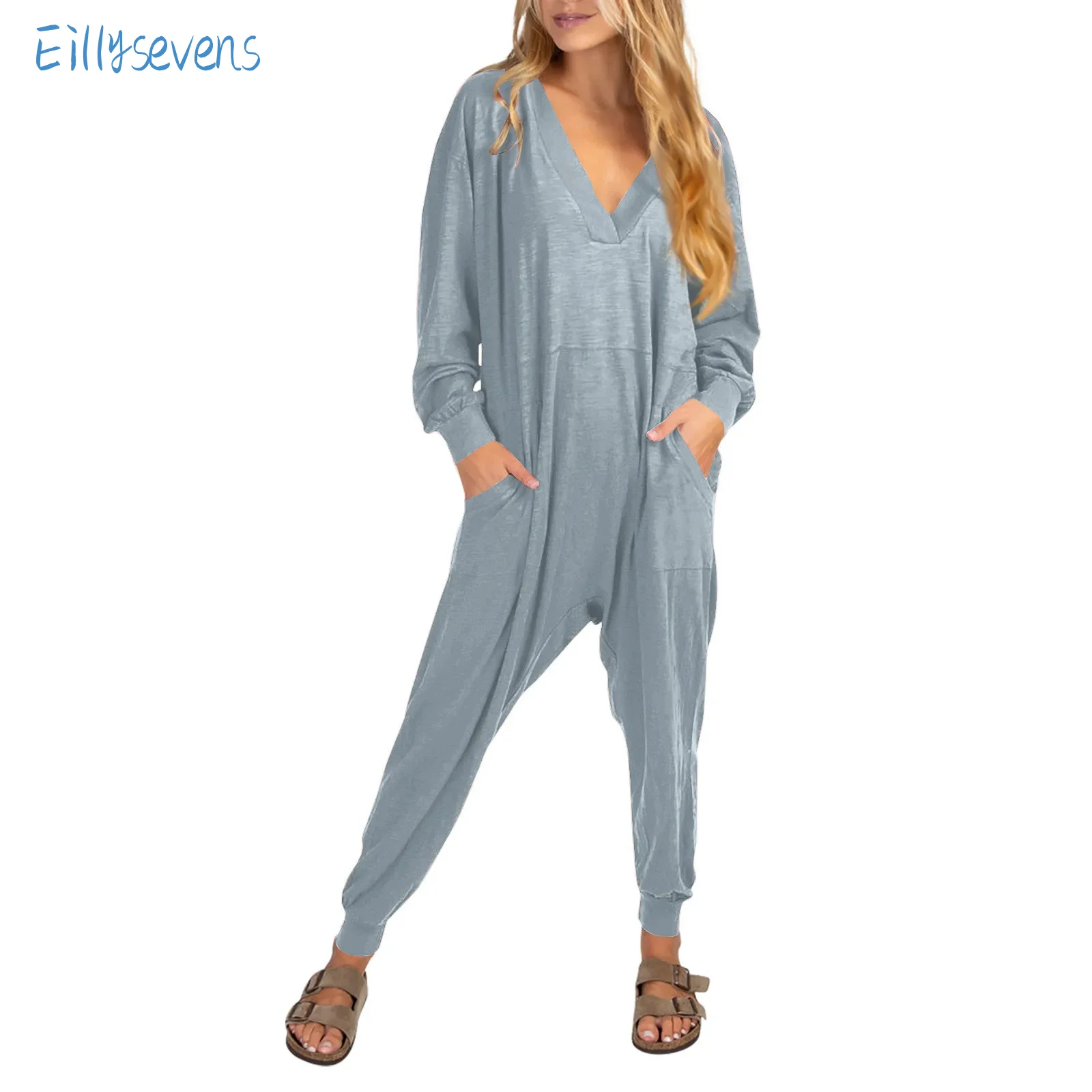 

Women'S Loose Jumpsuits Casual Long Sleeve V-Neck Solid Colour Jumpsuits With Pockets Fashion All-Match Daily Regular Jumpsuits