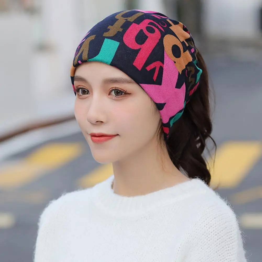 Elastic Hat Colorful Letter Print Unisex Winter Hat Windproof Elastic Anti-slip Neck Warmer for Cycling with Ponytail Hole Hop