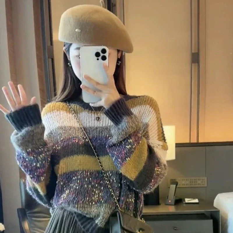 الخريف الشتاء أزياء الرجعية مخطط جولة الرقبة طويلة الأكمام فضفاضة عارضة محبوك سترة للنساء #4