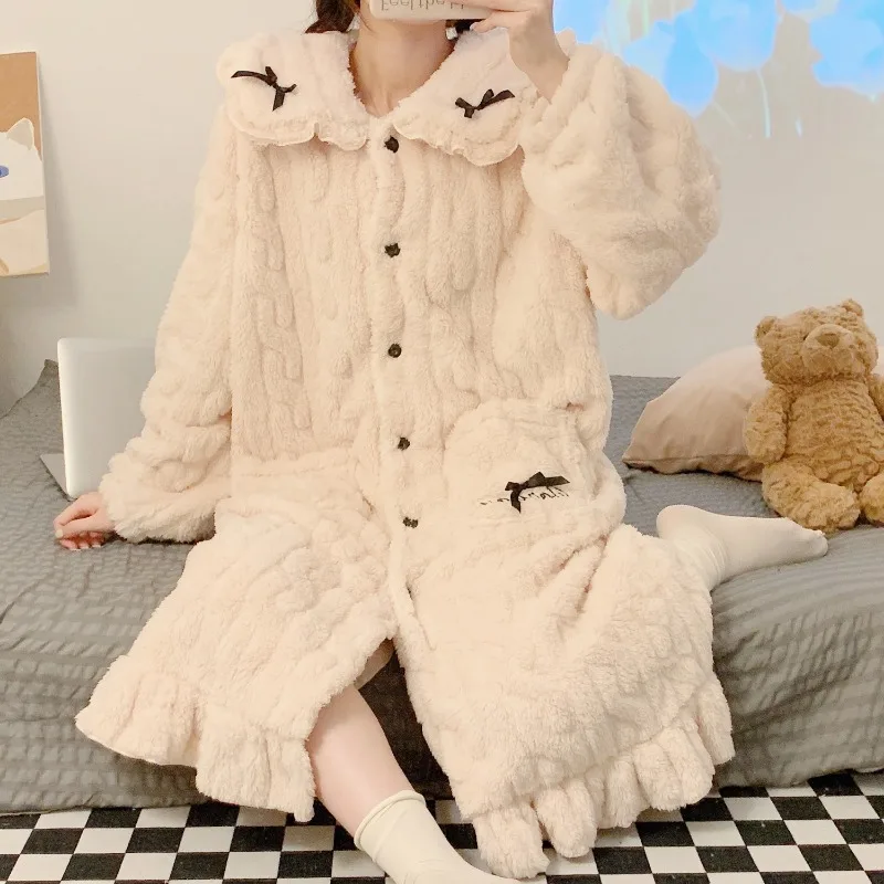 Fleece Nightgown Bow Sleepwear Womens Button Night Dress One Piece Pajamas Korean Style Winter Pocket Knee Length Home Wear