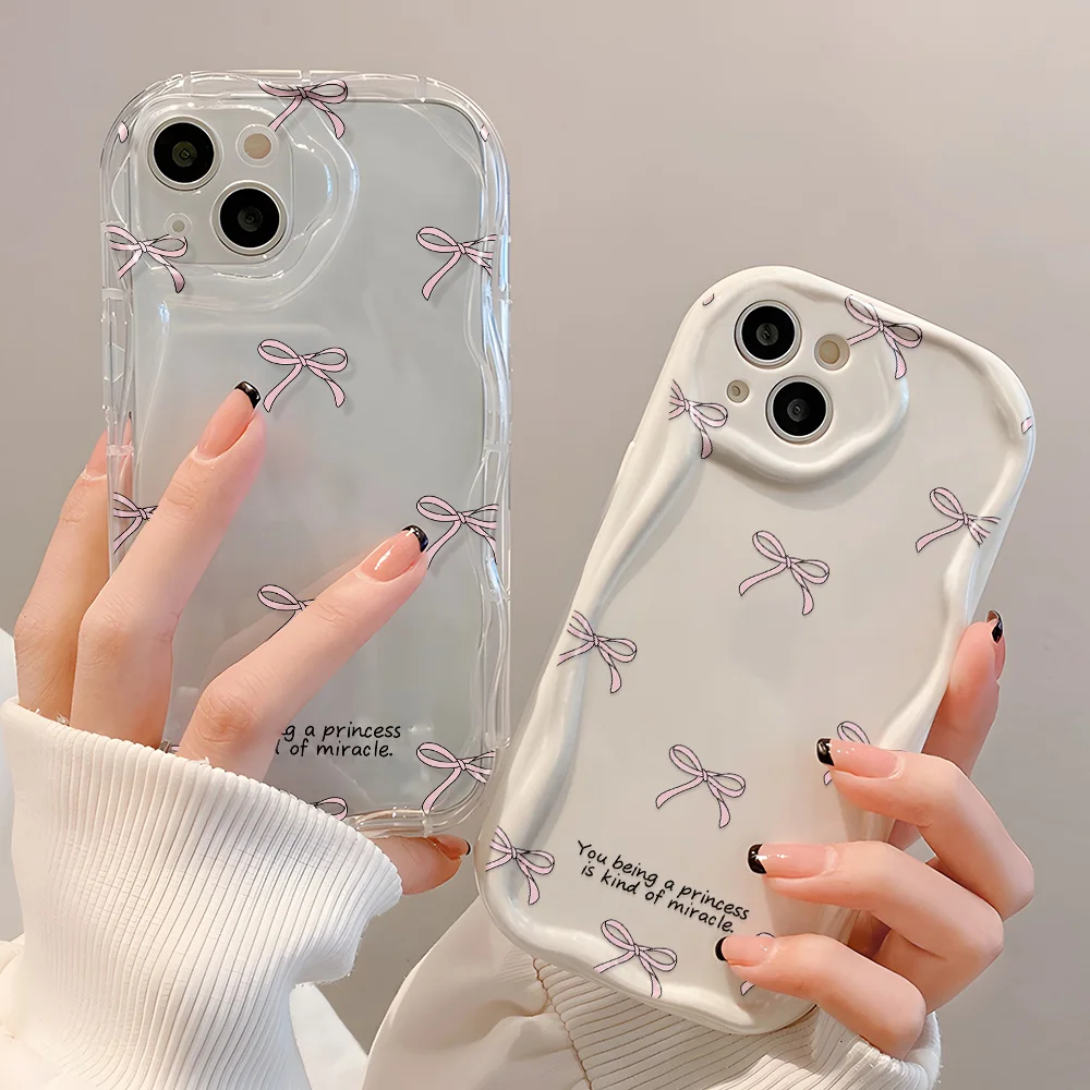 Pink Bow Knot Phone Case For iPhone 11 Case iPhone 15 12 13 14 16 Pro Max X XS XR 7 8 Plus 3D Wavy Curved Edge Soft Clear Cover