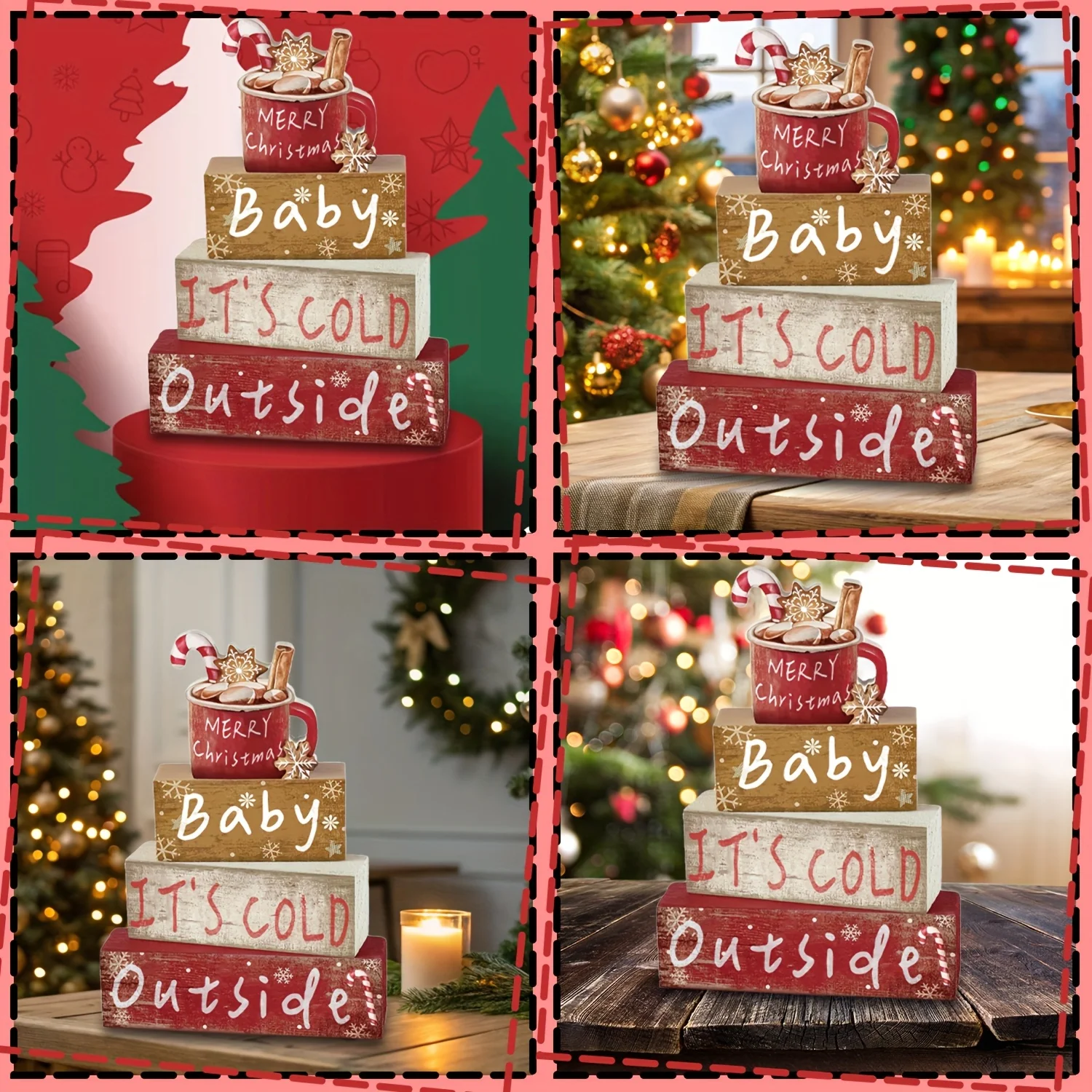 Деревянный многоярусный декор подносов в деревенском стиле с чашками-снежинками — зимняя центральная часть фермерского дома для стола, стола, камина и офиса.