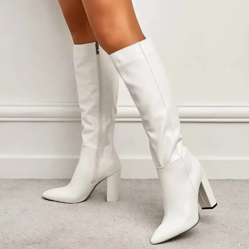 

Quality Fashion Mid Length Boots with Side Zipper Pointed Knight Boots European and American High Cut Thick Heeled Women's Boots