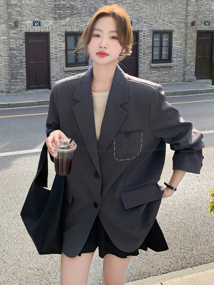 LANMREM Stitching Design Fashion Women\'s Blazer Notched Collar Solid Color Single Breasted Coat Korean Style Spring New 2AA4891