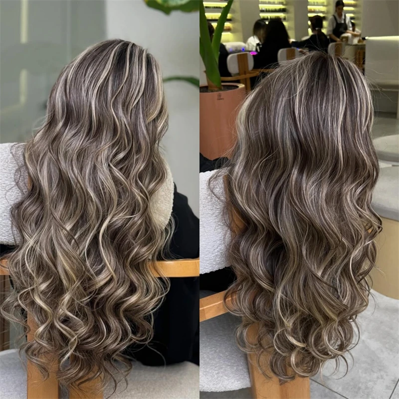 Luxury Women's Wigs 13x4 Ombre Synthetic Wigs Balayage Dark Brown with Blonde HD Lace Front Wig 180% High Density Full Wigs