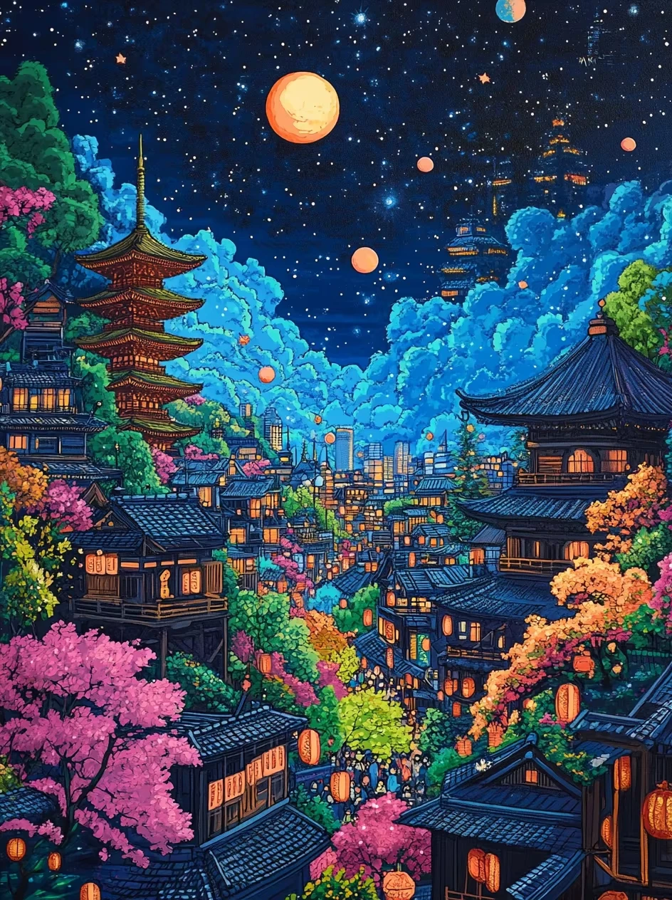 Digital Oil Painting By Numbers Unframed Canvas Fantasy Ancient Town Pagoda Cherry Blossom DIY Hand Painting Kit Wall Art