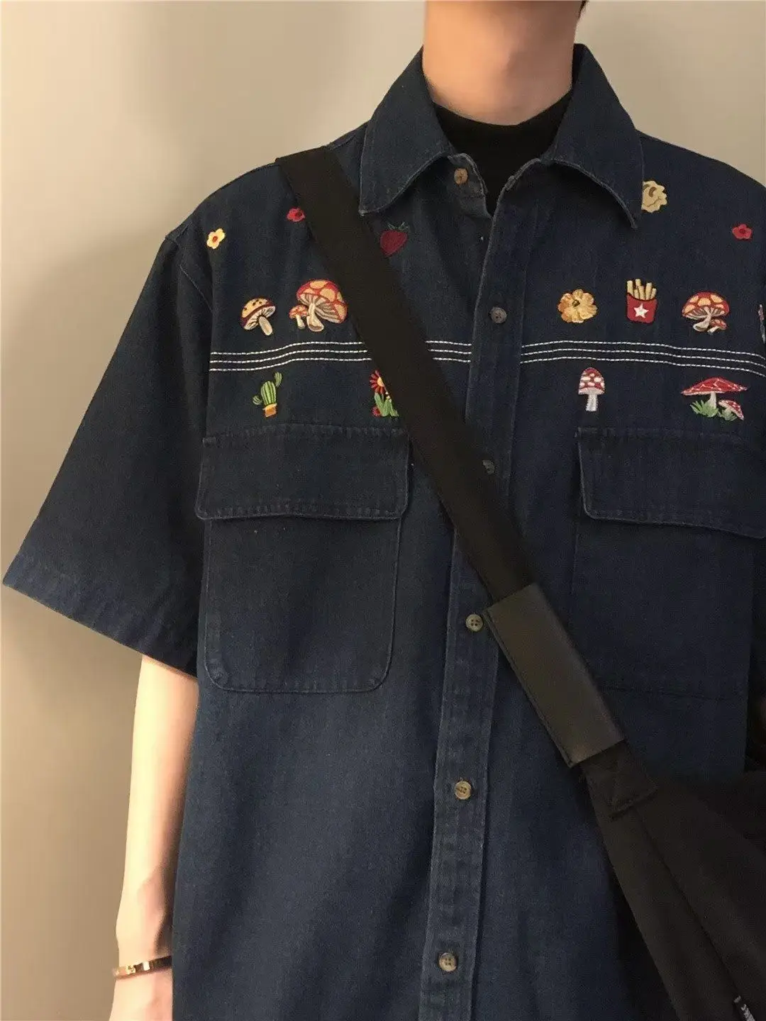 Hong Kong style fun embroidered denim shirt workwear short-sleeved shirt loose lapel ins shirt American retro summer new style