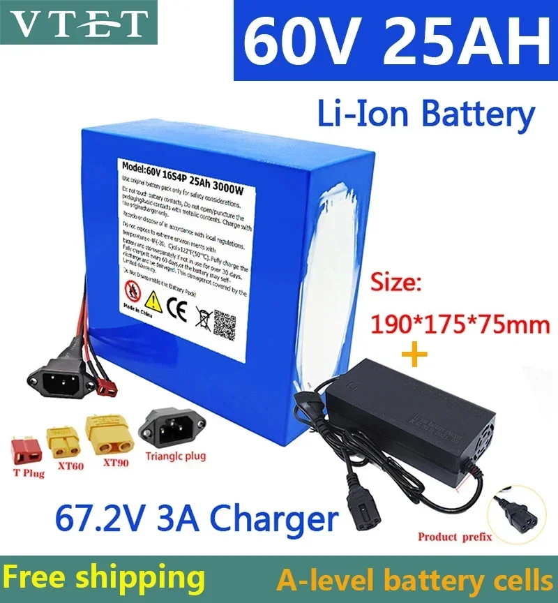 

VTET New 60V25Ah Electric Bike 18650 Battery for 67.2V 16S4P 3000W Rechargeable Battery with Same Port BMS+charger