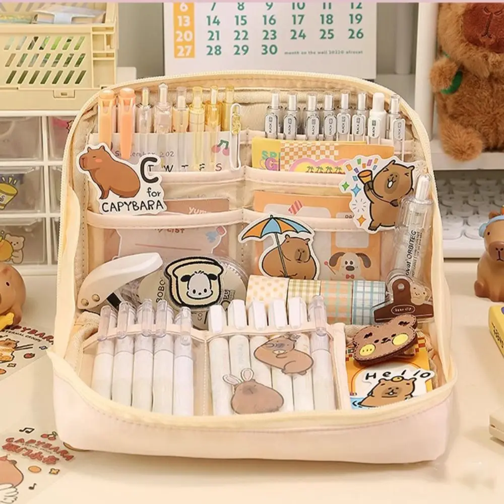 트렌디한 대용량 카피바라 펜 가방, 다기능 캔버스 펜 케이스, 학생용 귀여운 문구 세트