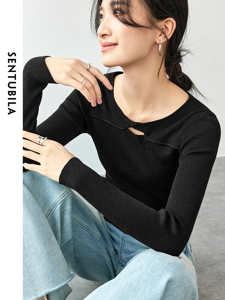 SENTUBILA Women Wool Hollow Out Pullovers   2024 Spring Autumn Slim Fit Knitted O Neck Long Sleeve  Tops W43H56121