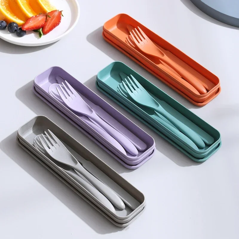 Juego de cubiertos cuchara, tenedor, cuchillo, paja de trigo, vajilla portátil para el almuerzo de viaje con caja, vajilla para estudiantes, accesorios de cocina, 3 uds.