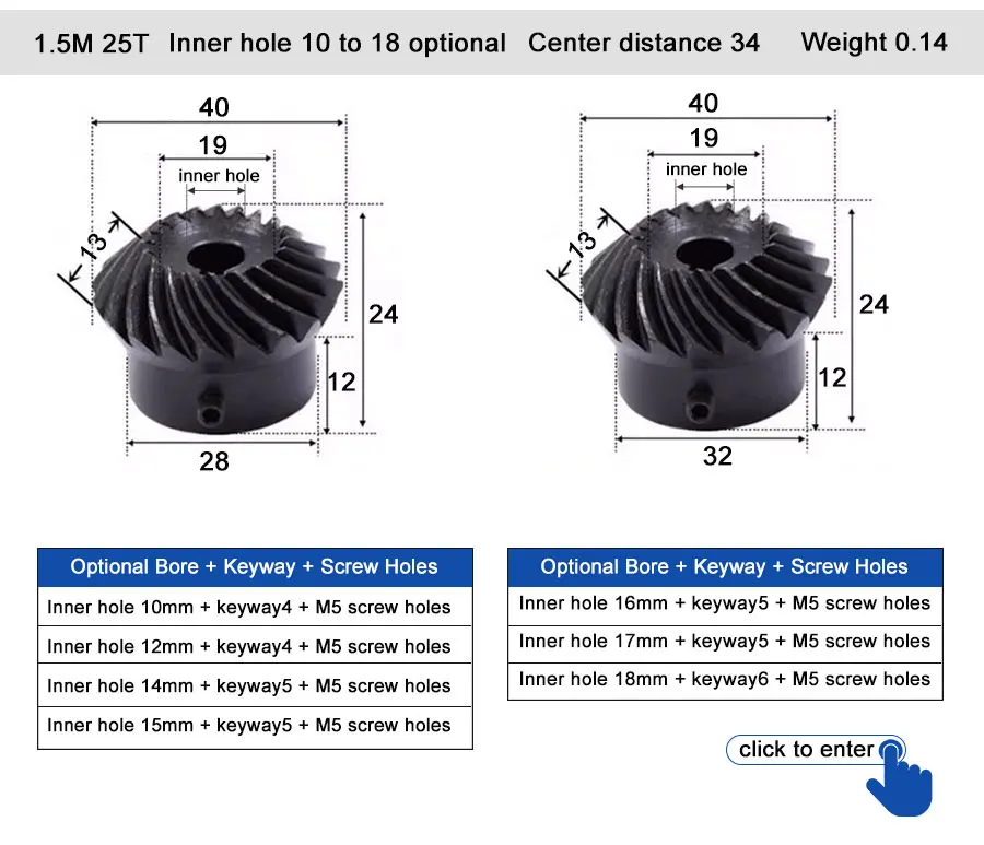 45 # Stahl-Spiralkegelradgetriebe, 2M, 15T bis 60T, Modul 1:4, 90 Grad Differentialgetriebe, gleicher Übersetzungsverhältnis, Durchmesser 8mm bis 12mm, Loch – Detail 11