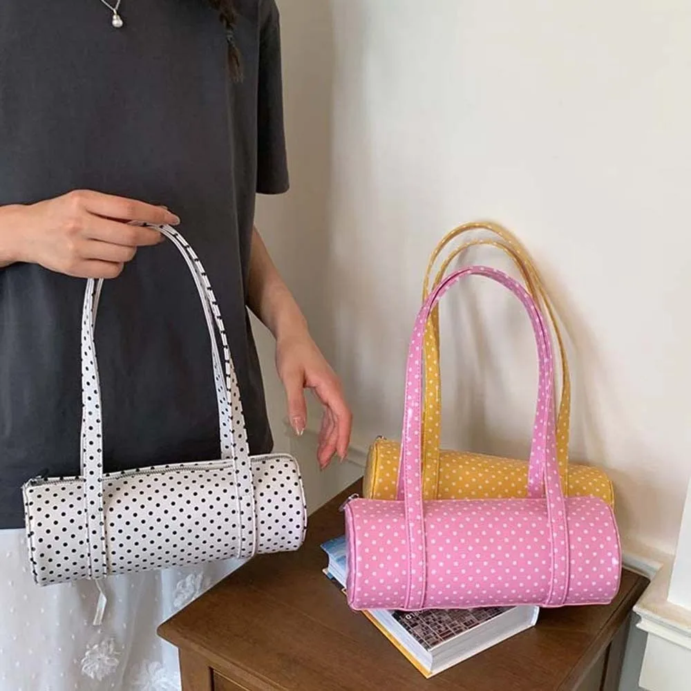Cylindrical Polka Dot Cylinder Bag Zipper-closure Waterproof Korean Underarm Bag Compact Soft-leather Candy Color Purse