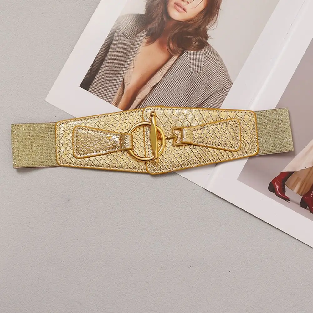 Pu レザーゴールドカマーバンドラウンドバックルドレスガードル女性のウエストバンド弾性ハイウエストワイドウエストベルト衣類付属品