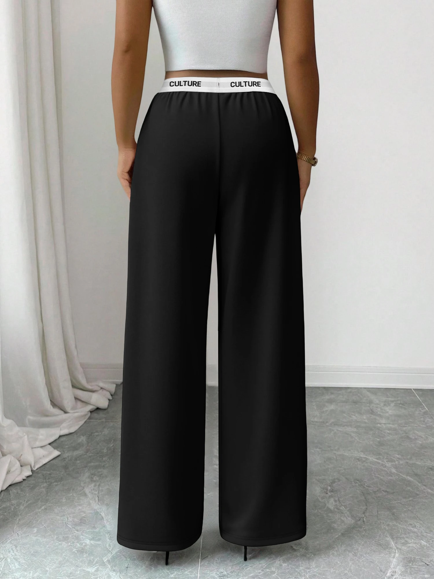 Letter Elastic Waist Wide Leg Pants For Women Split Hem Loose Straight Sweatpants High Waist Casual Sport Trousers With Pockets