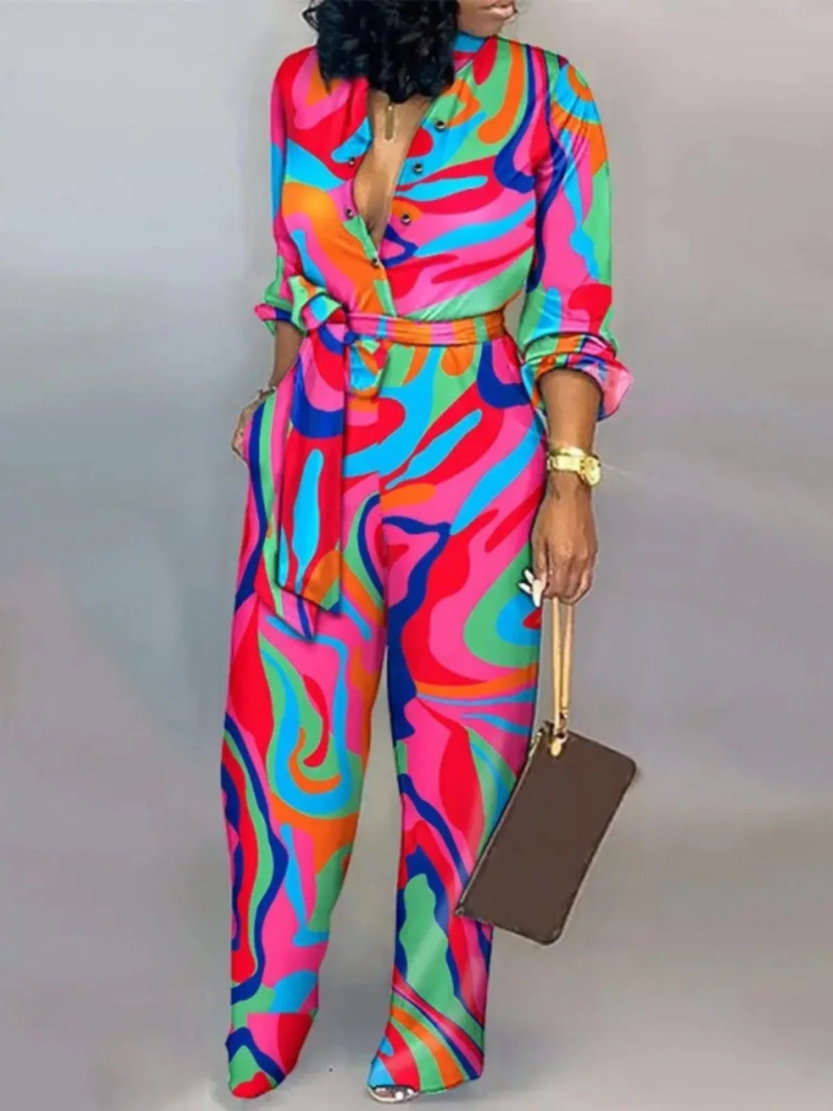 Damski kombinezon z wysokim stanem, luźne spodnie z szerokimi nogawkami, wygodne długie spodnie, modny jednoczęściowy strój dla kobiet.