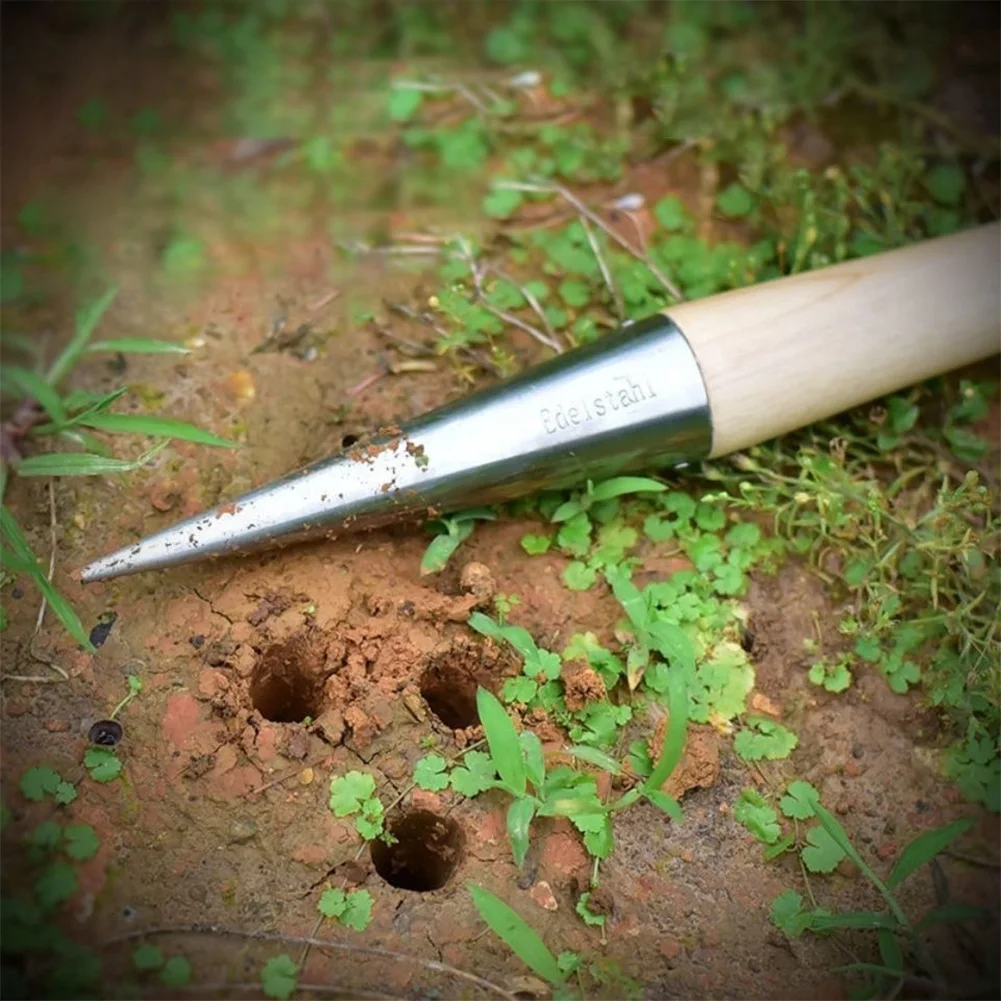 Hand Dibber Garden Tool Stainless Steel Hole Digger With Wood Handle Seed Dibber for Sowing Transplanting Planting Bulb Digging