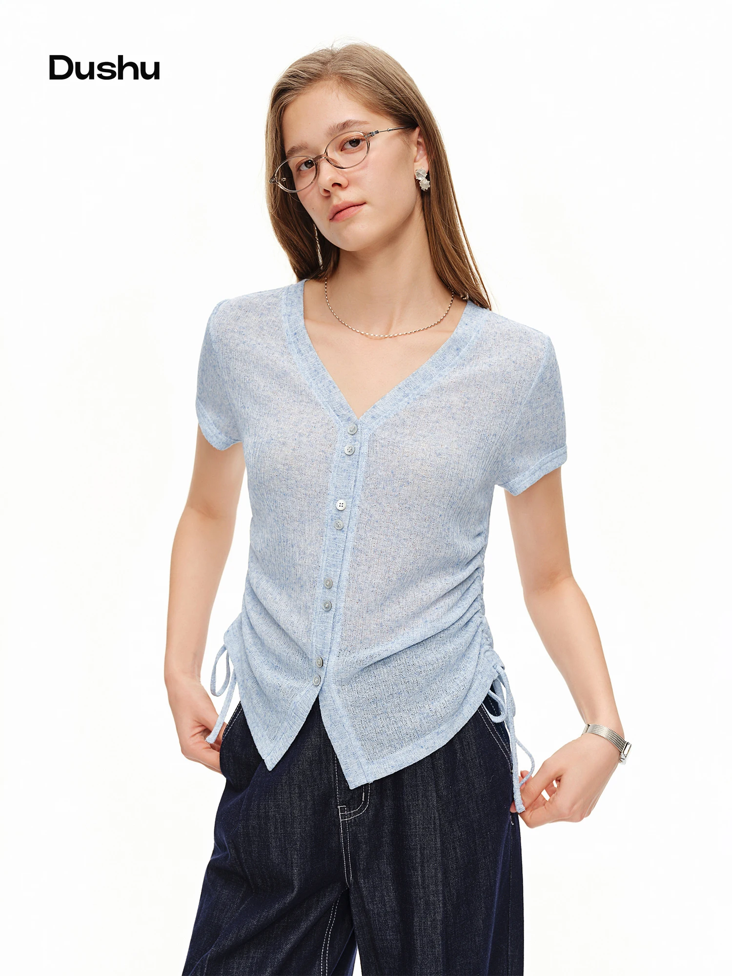 DUSHU Lightweight V-neck Linen T-shirts New Summer Style Short-sleeved Versatile Fashionable Knitwear Drawstring Slim Simple BF