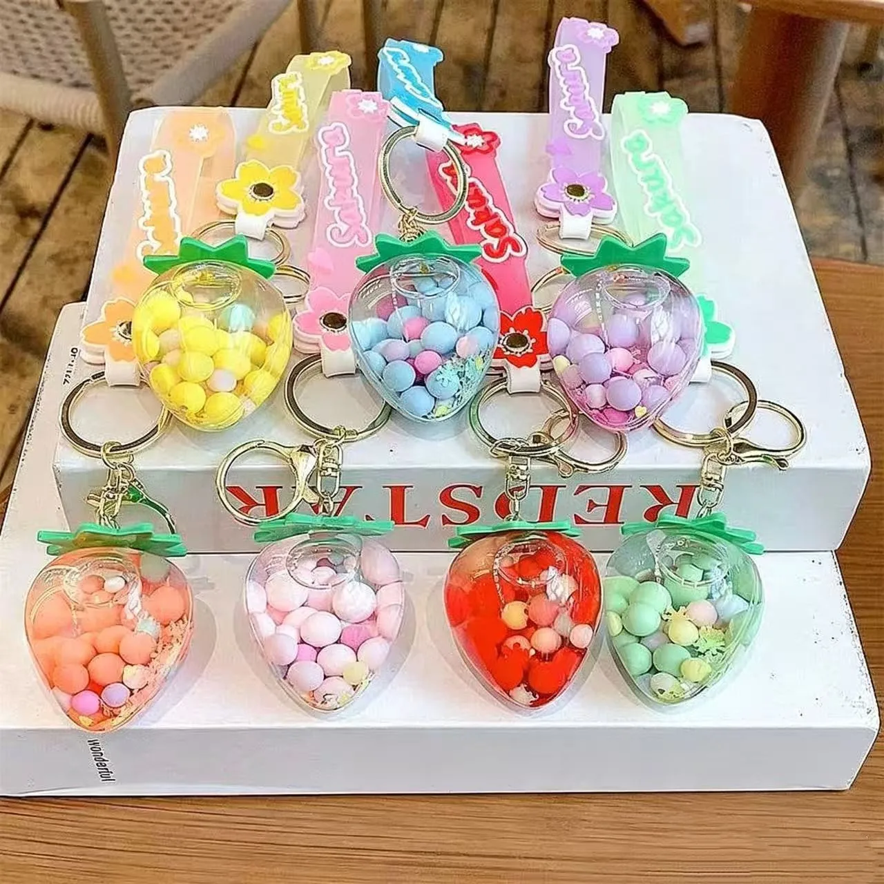 Acrylic Strawberry Keyring with Floating Sequins And Colorful Beans Quicksand Oil Liquid Bag Pendant Fun Gift