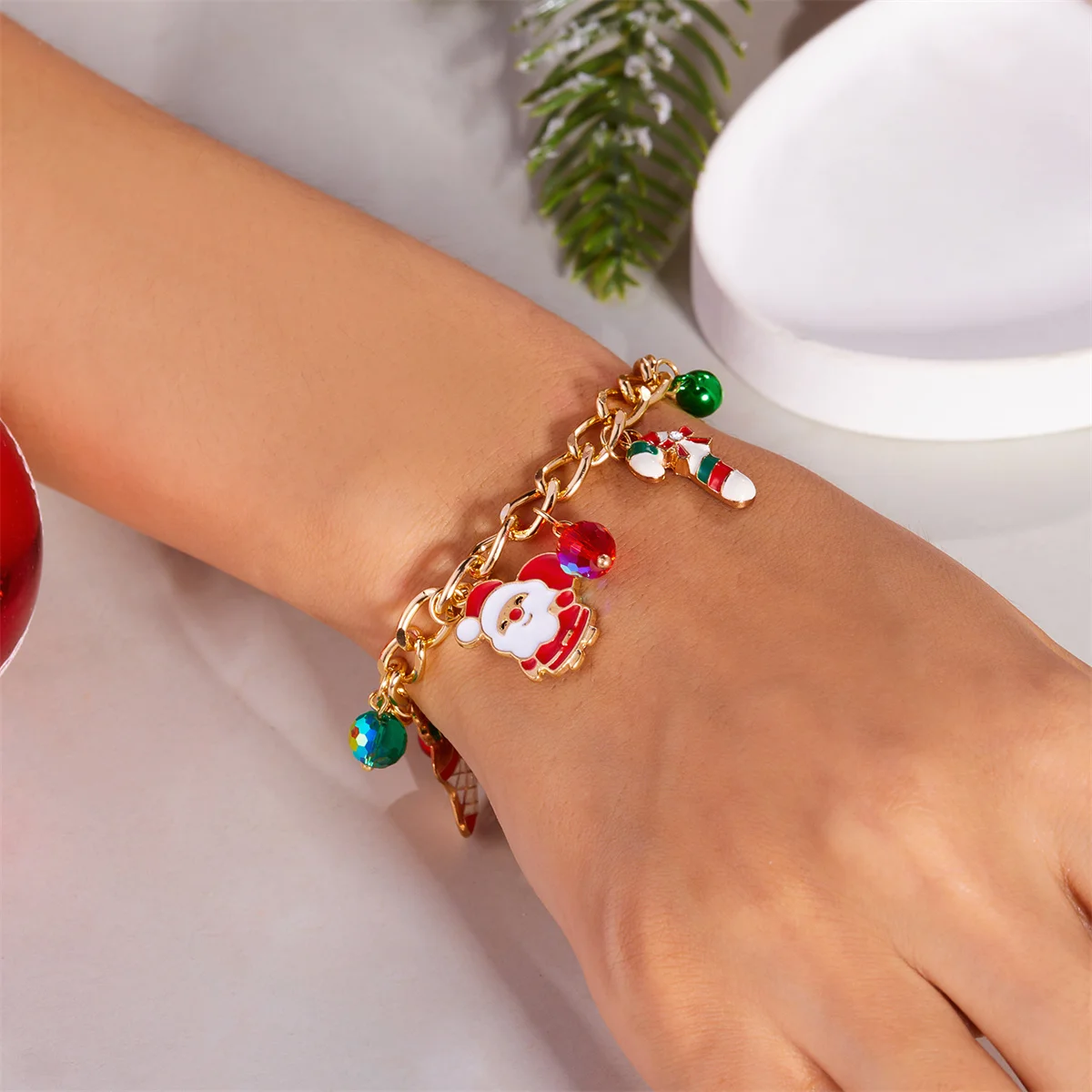 Christmas Tree Santa Claus Deer Socks Gift Box Bells Crystal Bracelets For Women Xmas Wreath Snowman Bracelet New Year Jewelry