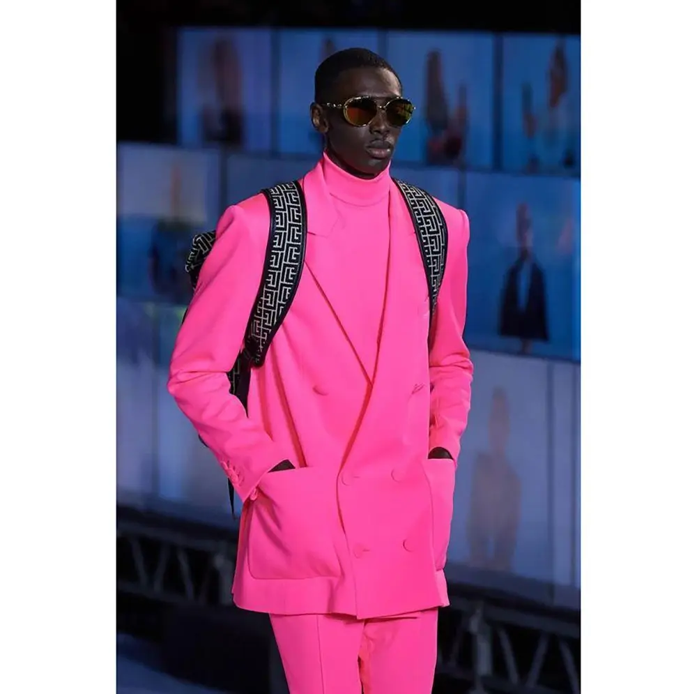 Fashion Bright Pink Suits for Men 2 Piece High Street Peak Lapel Double Breasted Outfits Chic Casual Party Prom Wedding Set