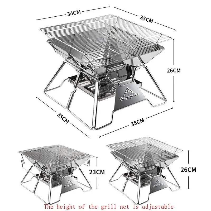 CAMPINGMOON Stainless Steel Portable Camping Fire Pit Foldable Wood Burning Charcoal Grill 34x35cm with Carrying Bag MT-2