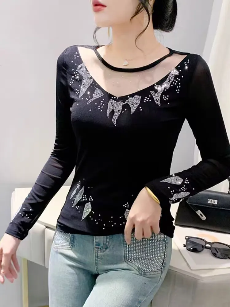 2024 New Arrival Elegant T-shirt Autumn Winter Woman M-3XL Long Sleeve V-neck High quality Velvet Charming Striped Hollow Out image 3