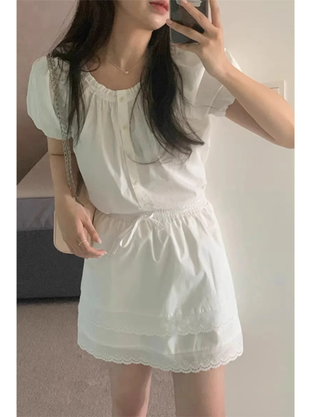 

Sweet round Ne ort Sve Bubble irt Lace Trim Casual Skirt Women's Spring Summer Faion Commute High Waist A-Lin...