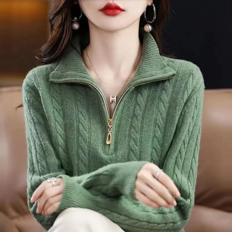 Women\'s Turtleneck Zippers Fashion Women Sweaters Solid Green Blue Pullover Long Sleeve Casual Knitted Sweater Woman Winter