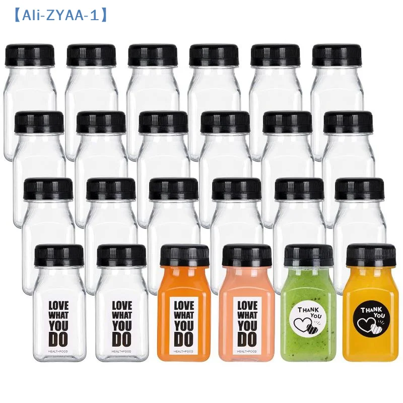 Drink Container 4Pcs Juice Bottles 120ml Empty Clear Coffee Milktea Square Plastic Bottle With Lid【ZYAA-1】