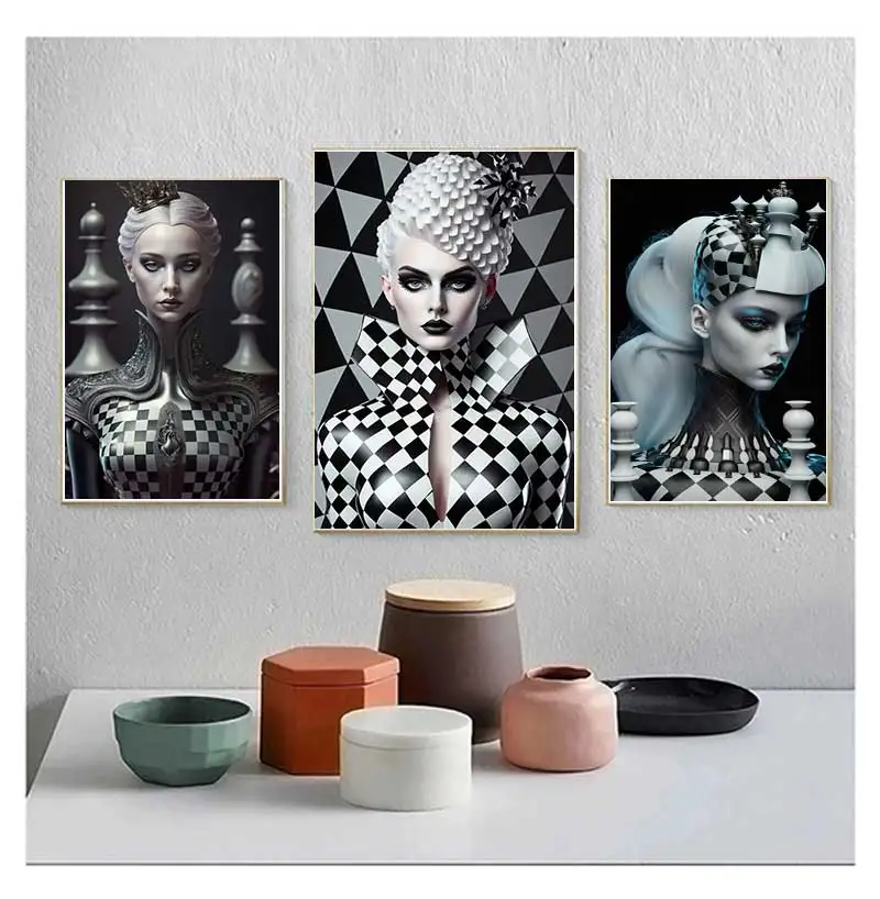 Canvas Painting Fantasy Woman Art Portrait Poster Gothic Black White Geometry Chess Queen Wall Art For Home Decor Gift