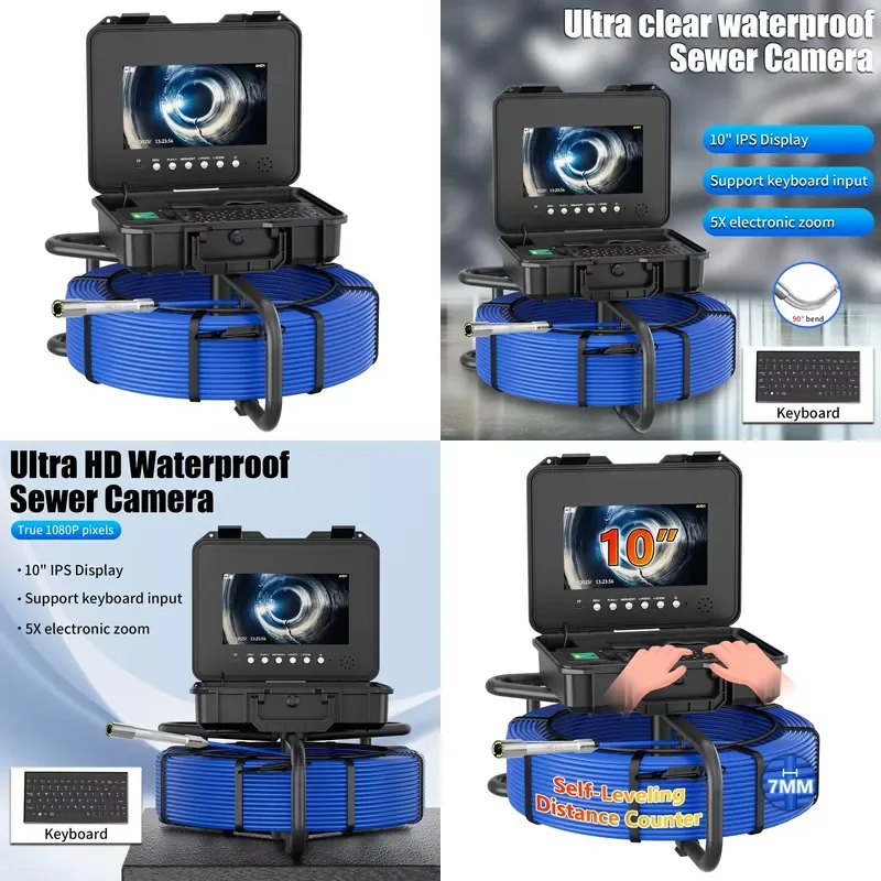 10.1 Inch IPS Sewer Pipe Inspection Camera with Keyboard Meter Counter DVR 7mm Cable AHD 1080P Video Borescope