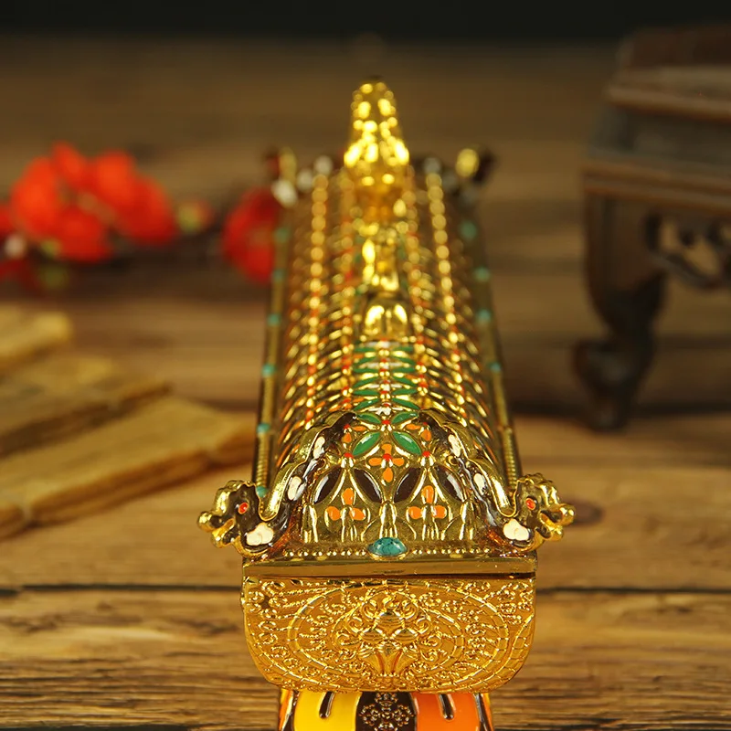 Tibetan Tantric Zen Incense Burner Gold Plated Eight Auspicious Symbols Double Deer Dharma Wheel Home Use