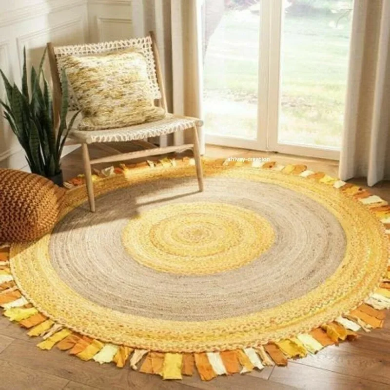 Rug Natural Jute and Cotton Handmade Reversible Carpet Modern Living Area Rugs