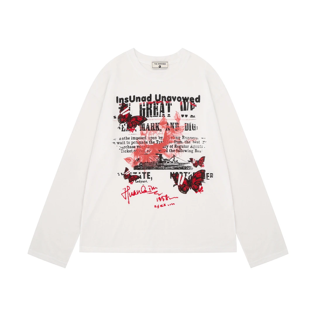 Camiseta de Manga Longa com Estampa Gráfica de Borboleta e Jornal Vintage, Unissex, Solta, Casual, Estilo Retro Streetwear