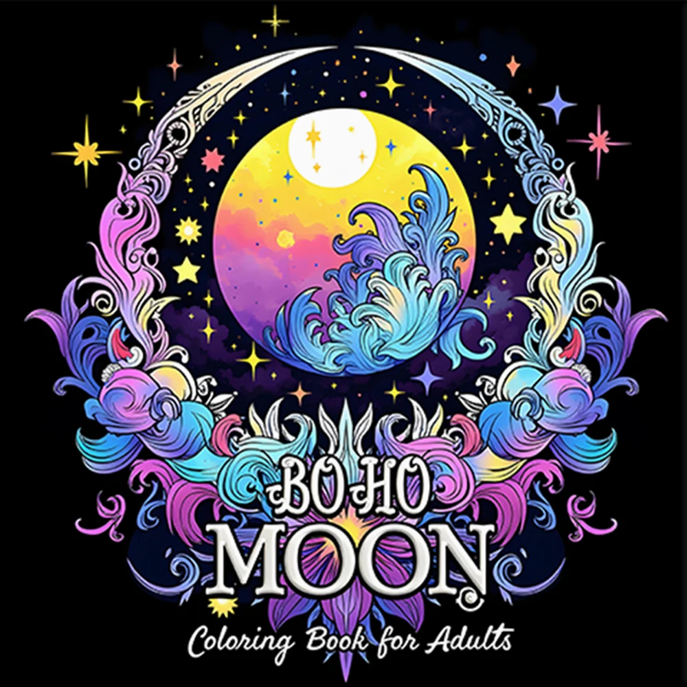 BOHO MOON Bold-easy Patterns Coloring Book for Adults Cute Drawing Book Perfect Painting Gift for Party and Birthday