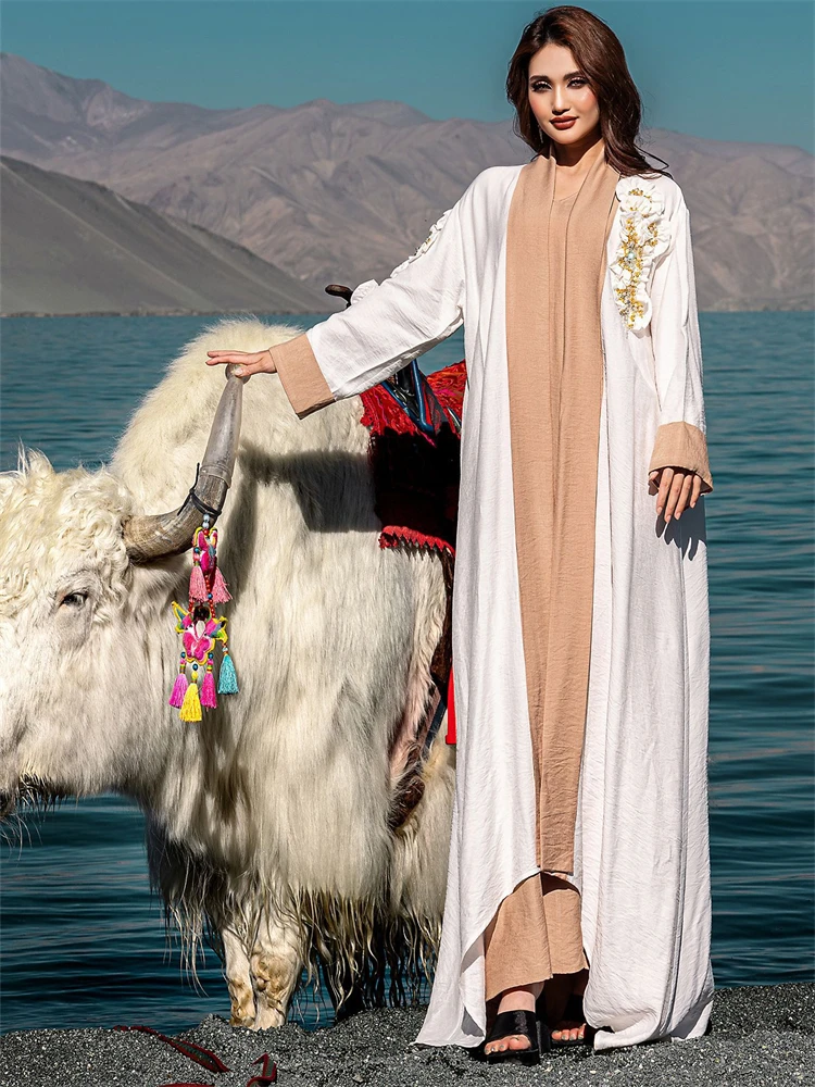 

Ramadan Eid White Kimono 2 Piece Abaya Damen Dubai Luxury Set Islam Muslim Modest Dress Women Kebaya Kaftan Robe Femme Musulman