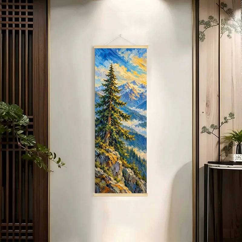 Alpine Peaks River and Evergreen Trees Hanging Scroll with Vivid Blue and Golden Landscape Scenes for a Living Room