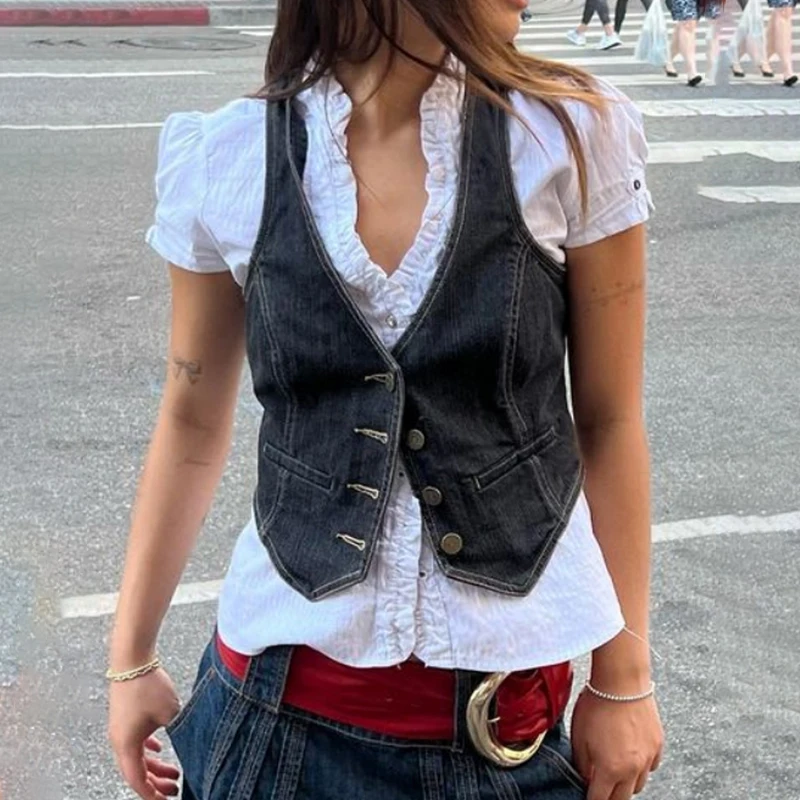 American Korean version of women slim-fit fashion trend single breasted black vintage sleeveless denim vest top