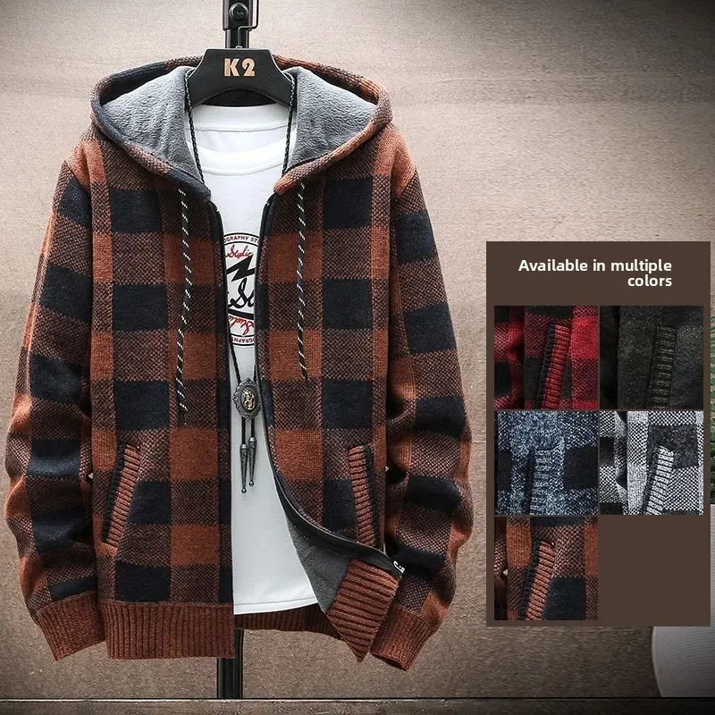 

Men's Winter Plaid Hooded Cardigan Sweater Warm Coat Straight Leg Youthful Sle Autumn 2024 Eighteen Pants