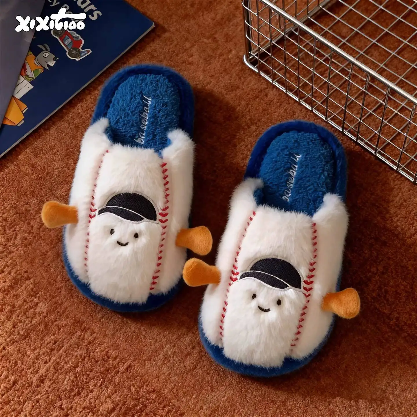 Autumn Winter Men & Women's Couple Home Slippers Fun Baseball Design Home Non Slip Warm Cute Indoor HouseholdFurry Cotton Shoes