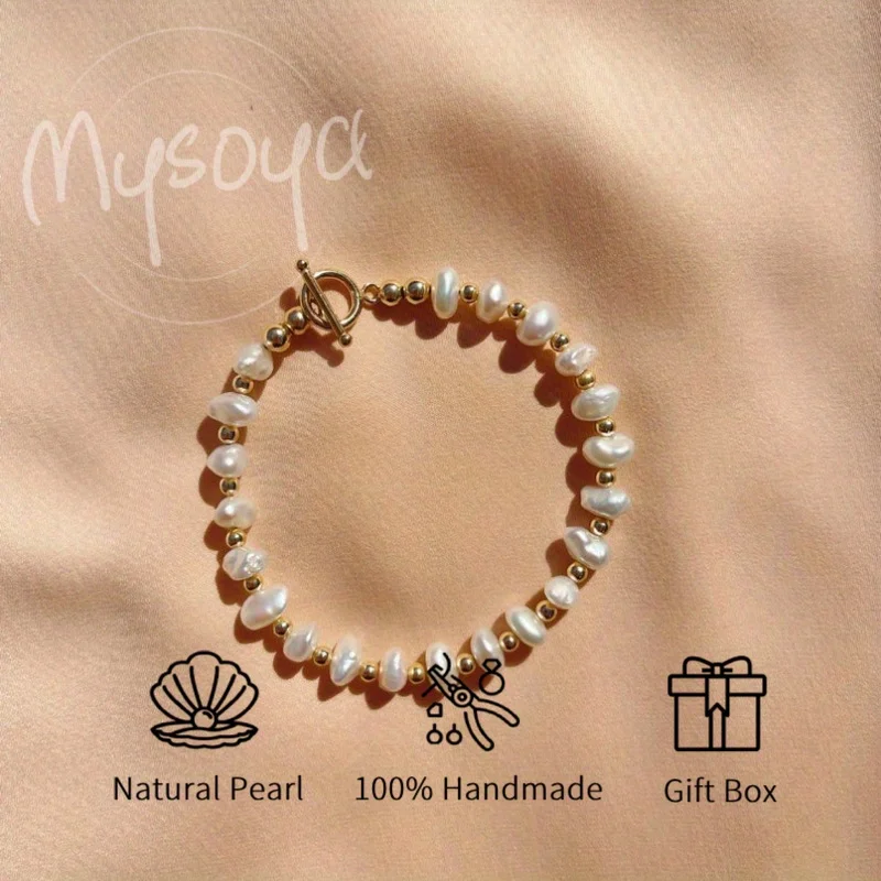 

Mysoya White Baroque Freshwater Pearl Bracelet 5-6mm with Gift Box Suitable for Wedding/ Mother's Day/ Father's Day/ Anniversary