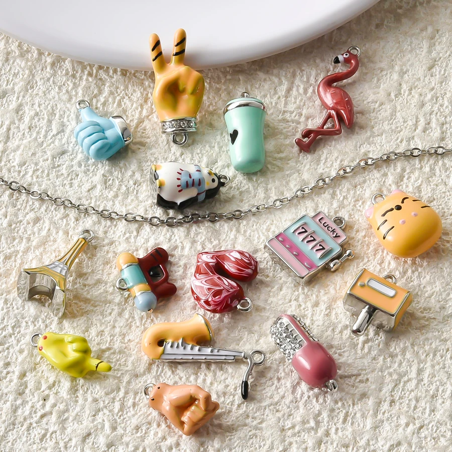 6Pcs Delicate Stainless Steel Colorful Pendant Eiffel Tower/Heart/Capsule/Penguin/Cute Cat Charm Pendant DIY Jewelry Findings