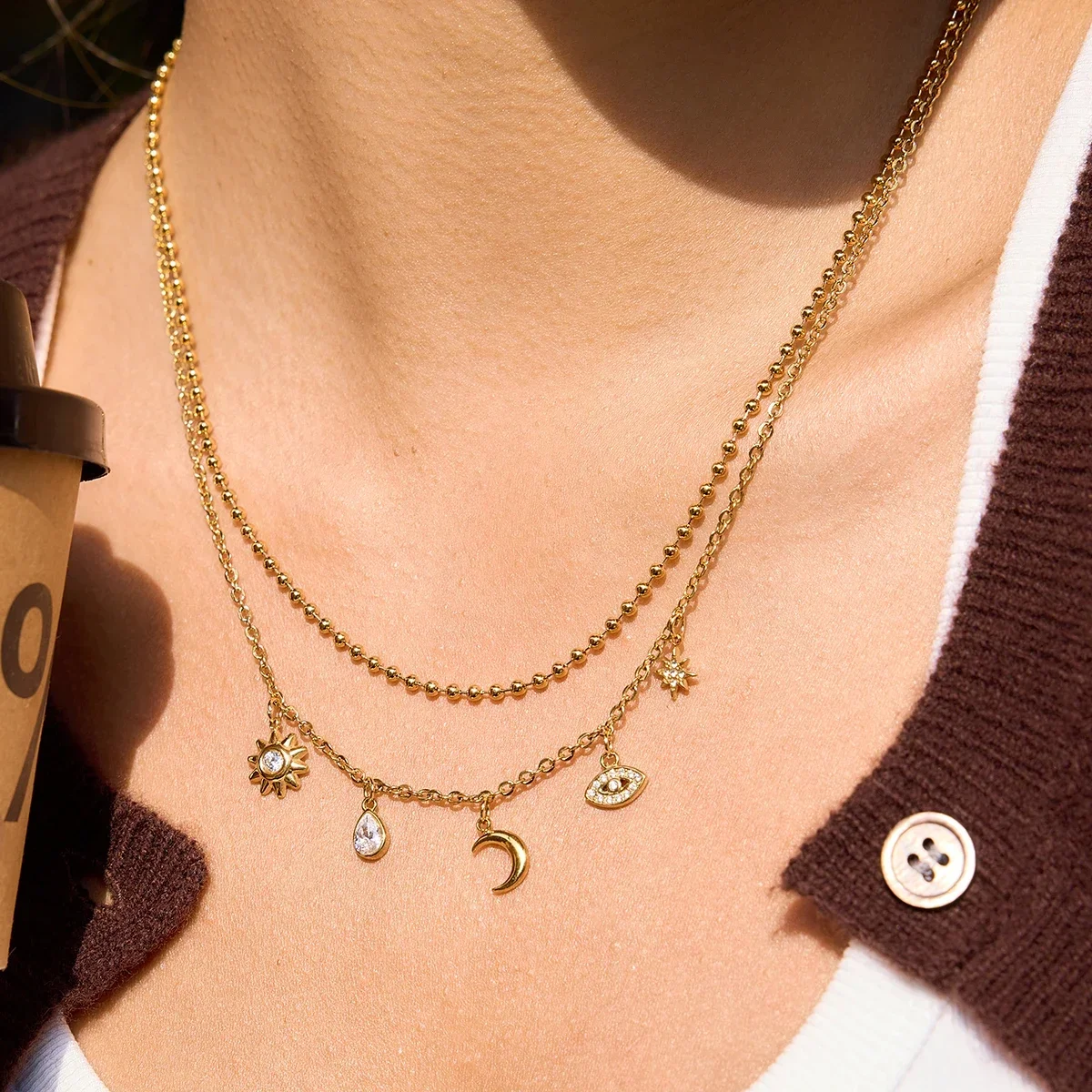 Evil Eye Protection Pendant Necklace for Women – 18K Gold Plated Stainless Steel with Zircon, Water Drop Sun Star Charm Gift